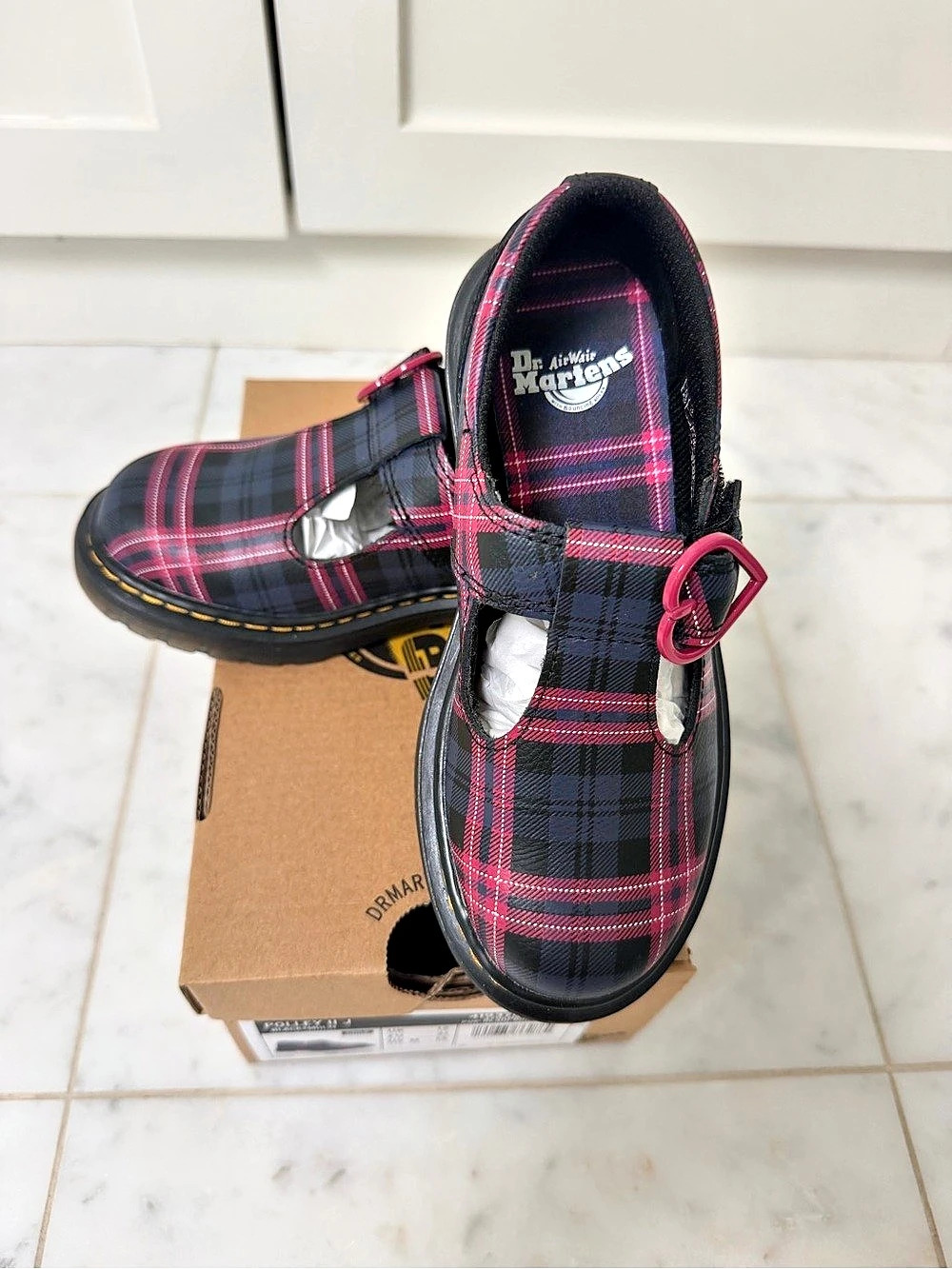 Dr. Martens Junior Polley II Pink Tartan Mary Jane Shoes Plaid Mary Jane Shoes